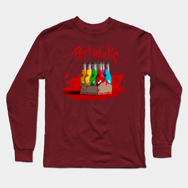 Zombie 8-Pack Bloodied Perkaholic on Maroon Long Sleeve T-Shirt by LANStudios